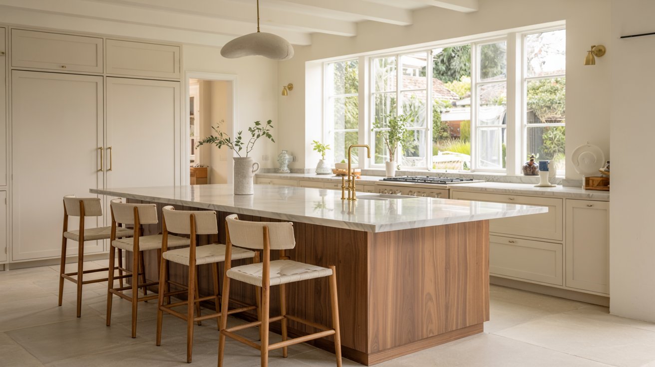 Kitchen with a mixed material island featuring a wood base, stone countertop, and stools for a balanced modern design.