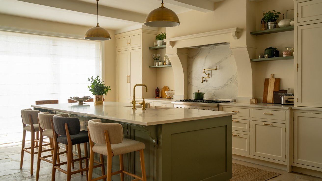 Modern kitchen island remodel featuring an olive green island, marble countertop, brass fixtures, and warm neutral cabinetry.
