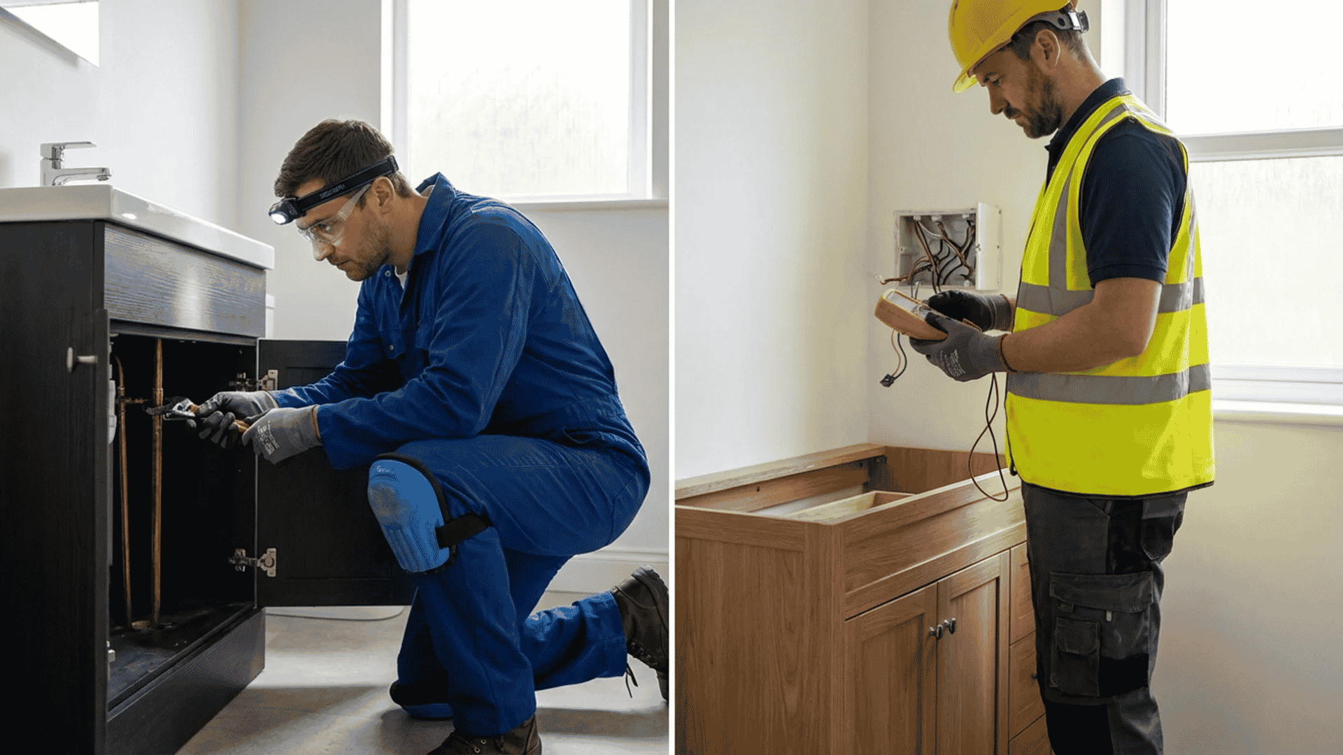Bathroom renovation labor: plumber and electrician at work