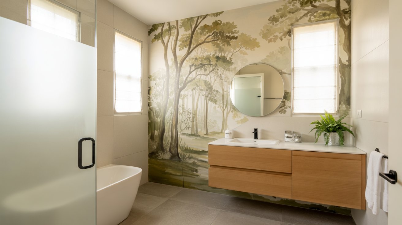 Bathroom with a large-scale botanical forest wall mural behind a floating wooden vanity and a round mirror.