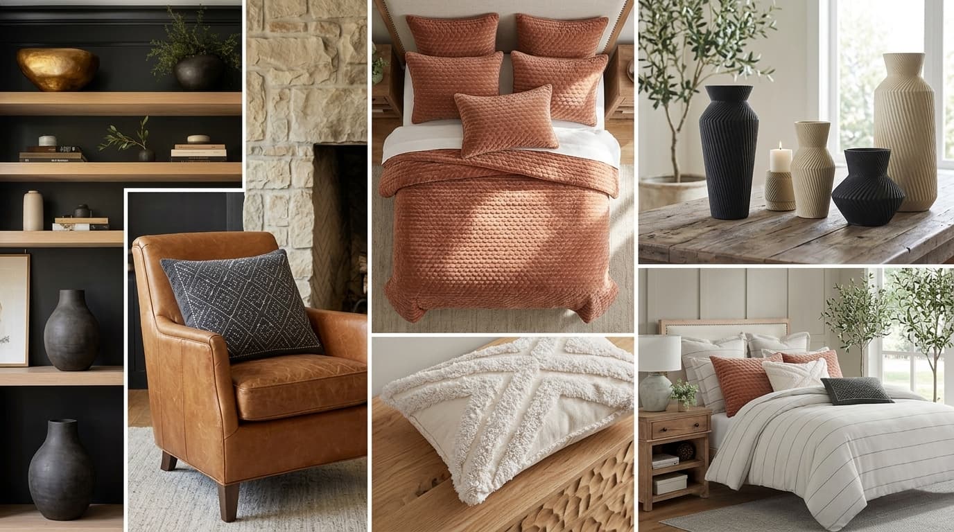 Modern rustic decor showing layered textures with linen bedding, wool throws, woven baskets, leather cushions, and ceramic accessories.