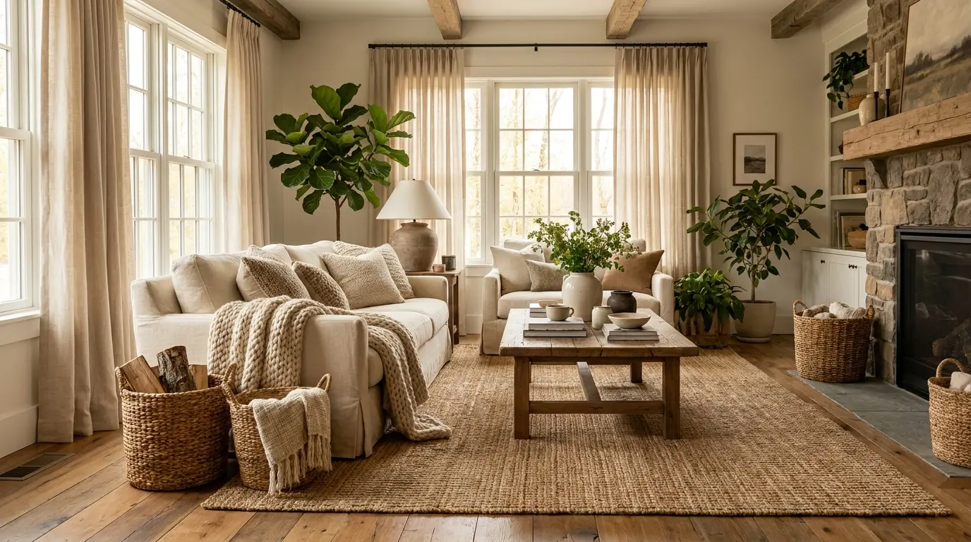 Modern farmhouse living room with natural rugs, linen curtains, cream sofa, wood table, plants, and stone fireplace.