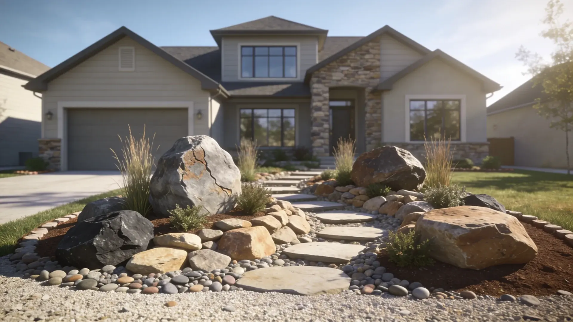 Layered rock garden with boulders, fieldstone, and gravel in modern front yard design.
