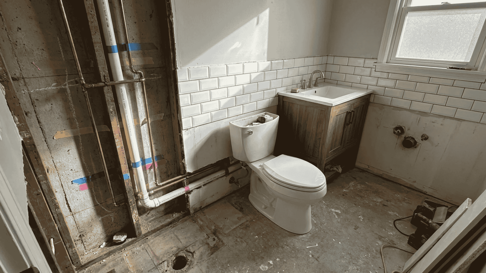 Bathroom layout change with plumbing relocation