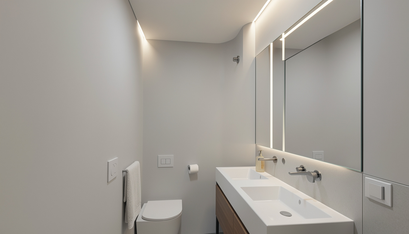 Minimalist bathroom with light reflective colors, featuring soft gray walls, modern fixtures, and ambient lighting.