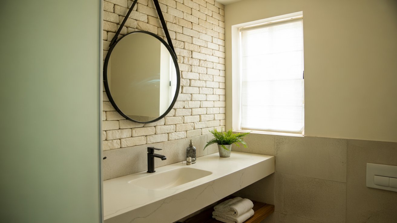A modern bathroom featuring a white limewashed brick accent wall behind a floating sink and a round hanging mirror.
