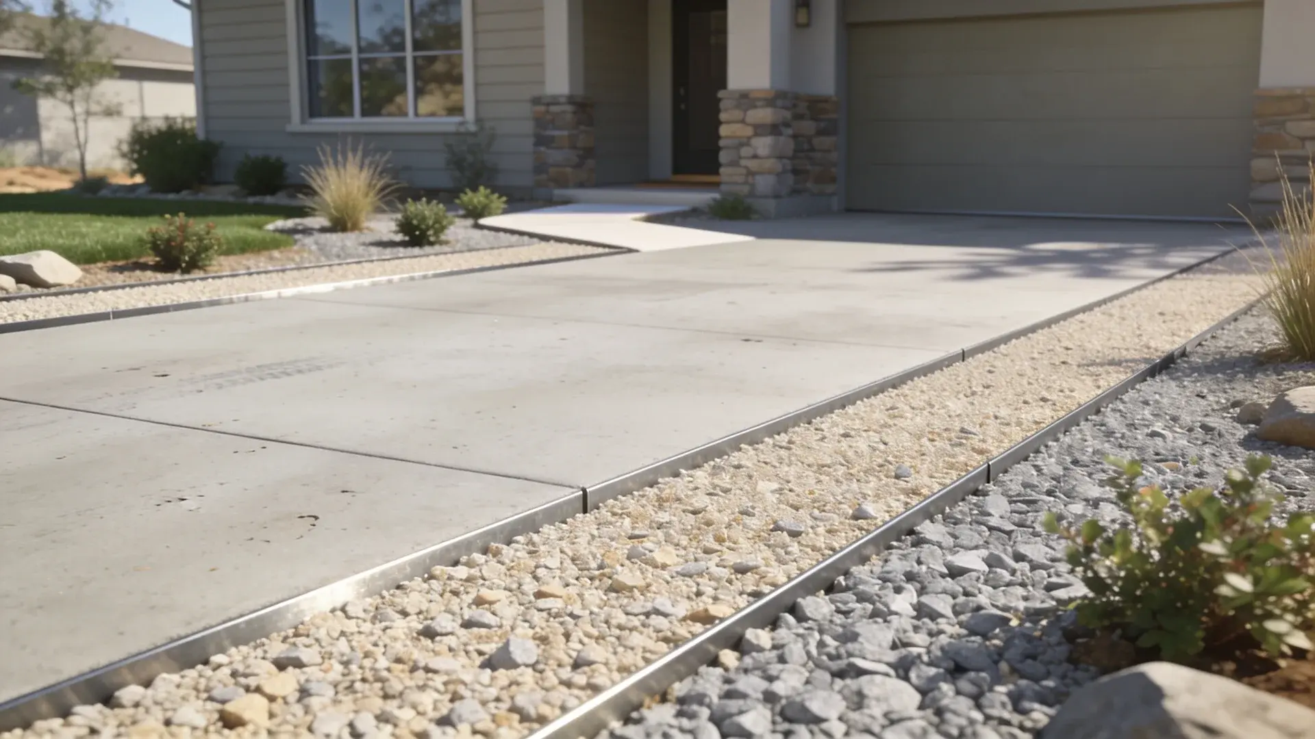 Driveway with gravel borders and clean edging enhancing modern front yard curb appeal.