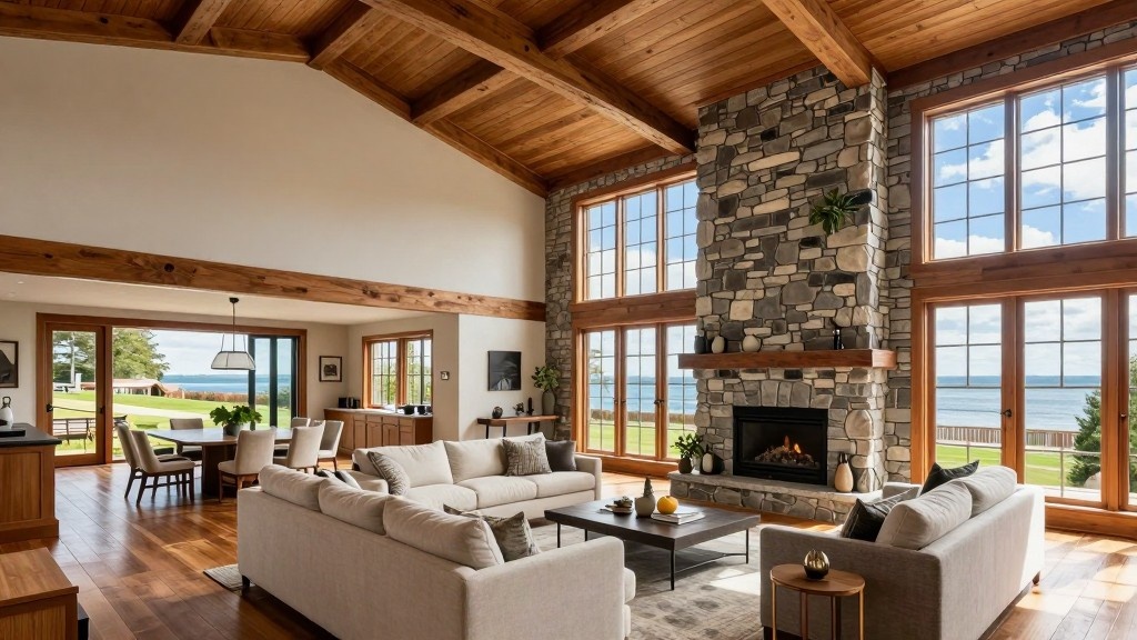 Spacious living room with stone fireplace, wood beams, and large windows