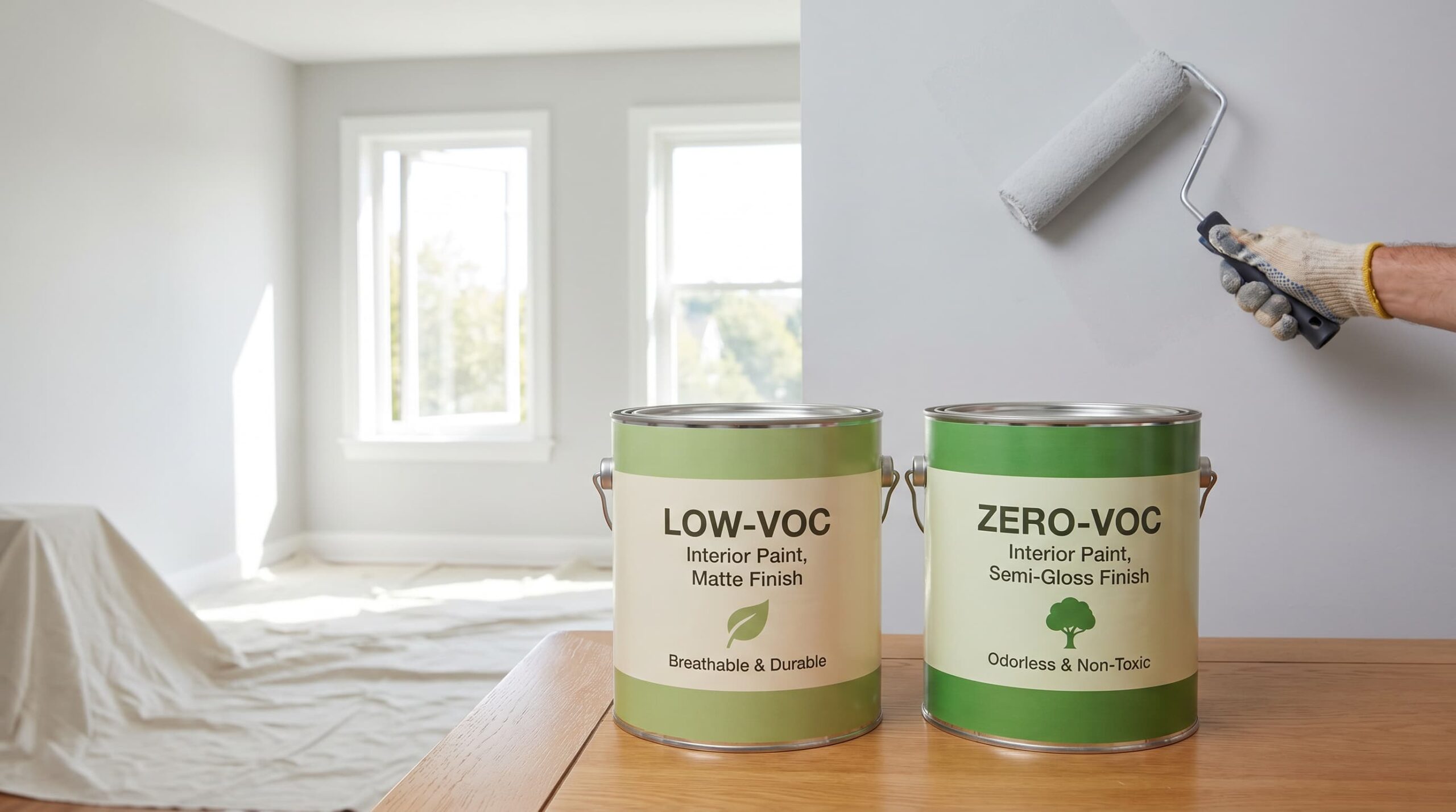 Eco-friendly paint cans labeled ‘Low-VOC’ and ‘Zero-VOC,’ placed on a clean surface.