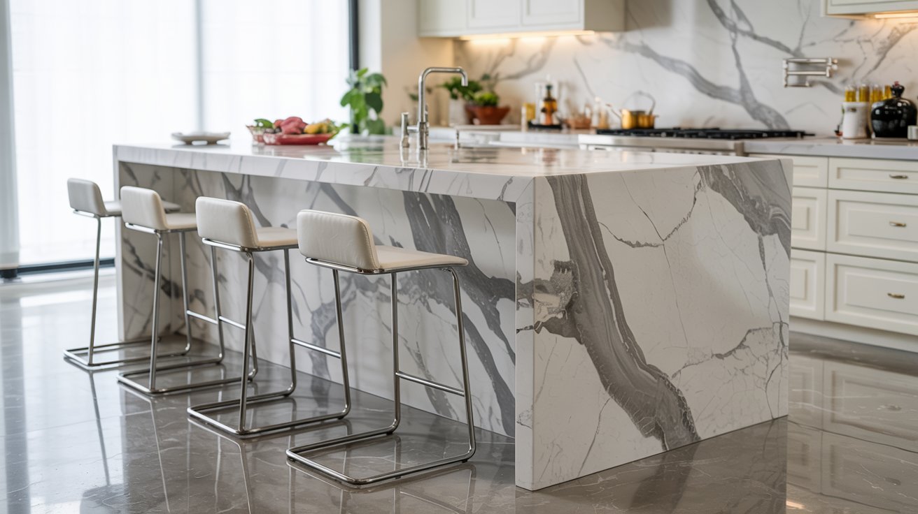 Luxury kitchen island with a waterfall marble or quartzite countertop showcasing dramatic veining and a high-end stone finish.