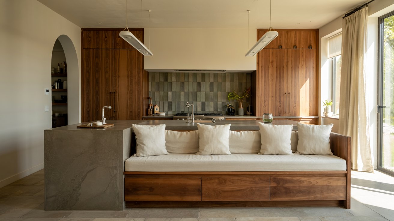 Kitchen island with integrated custom seating, built-in bench, and upholstered cushions creating a comfortable gathering space.