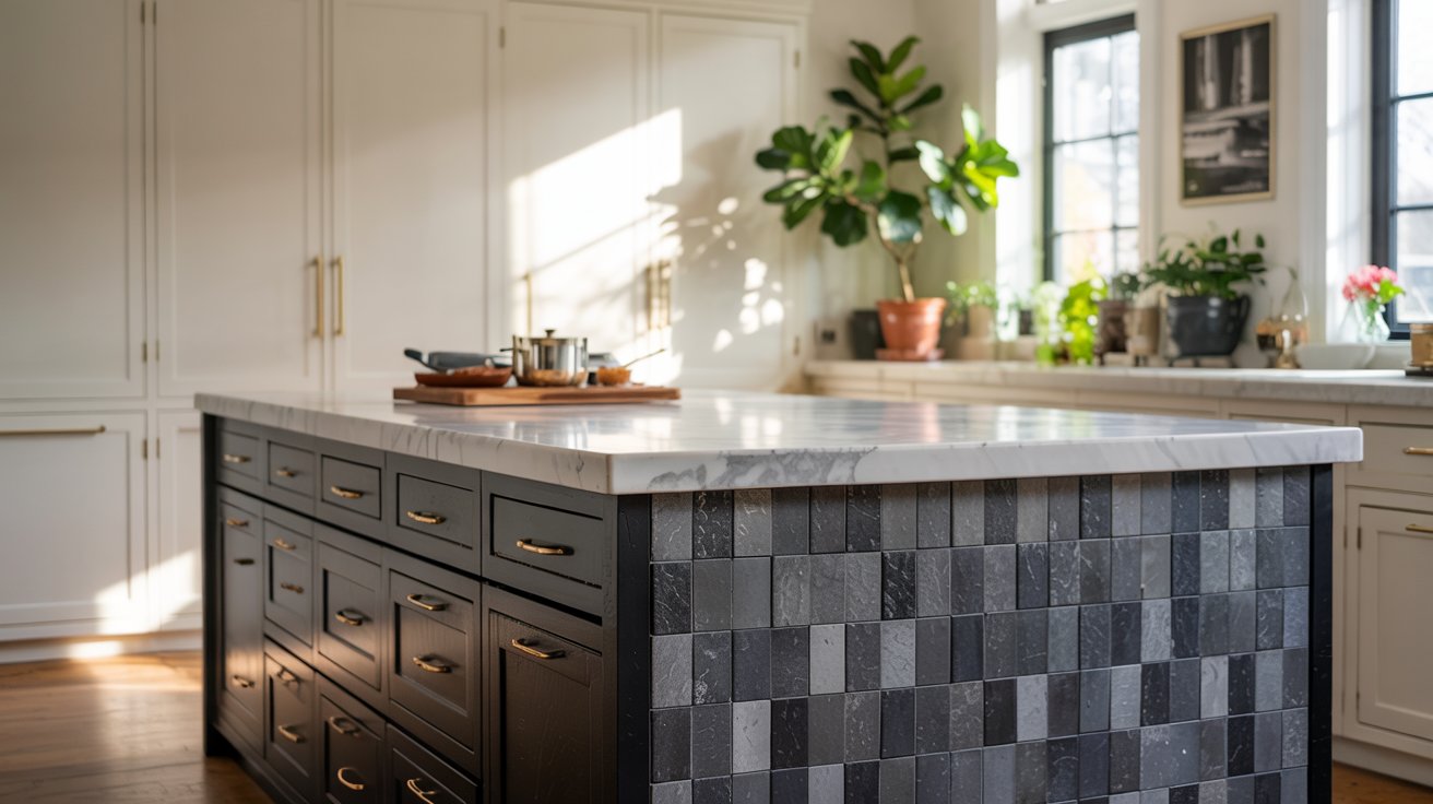 Luxury kitchen island with a marble countertop, dark cabinetry, and textured stone paneling for a refined custom design.