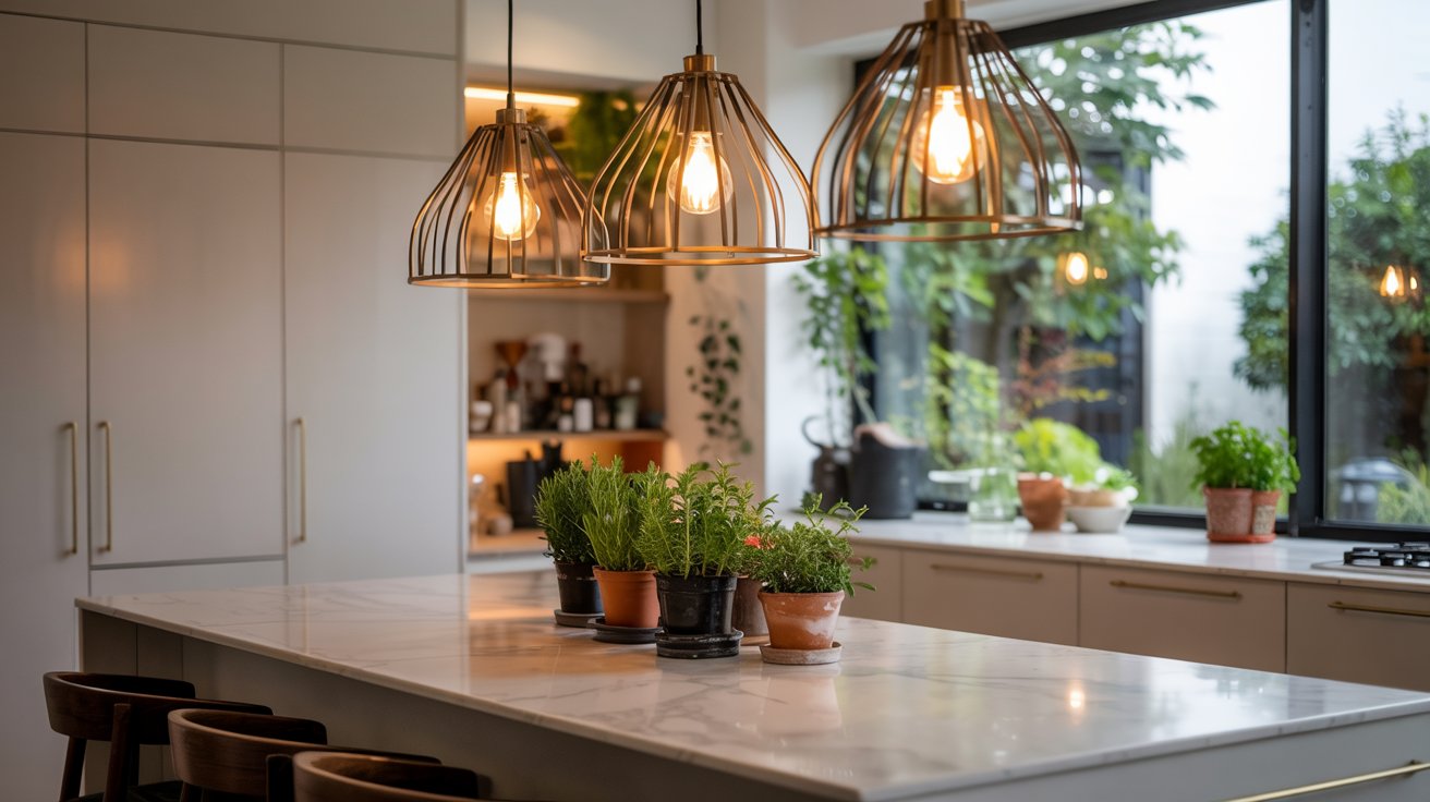 Kitchen island with statement pendant lights featuring modern designs, warm finishes, and decorative lighting above the countertop.