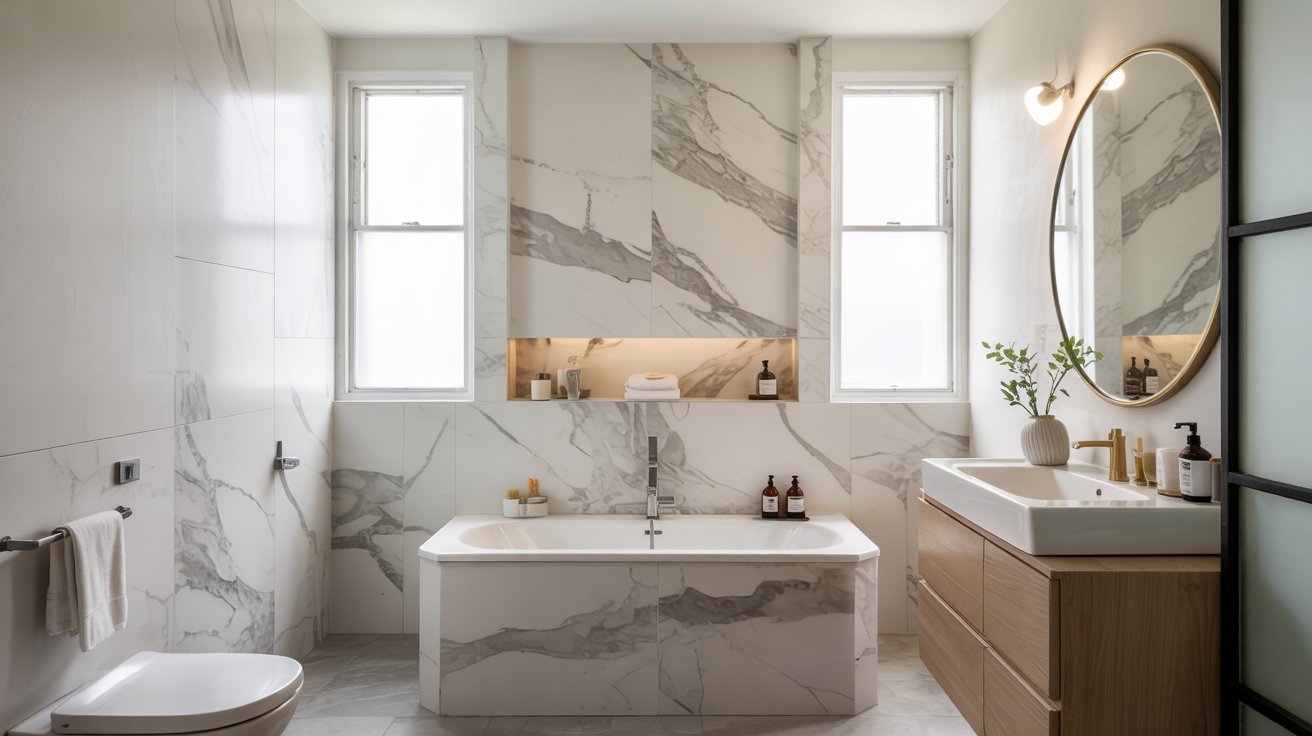 Bathroom with a marble-look porcelain tile accent wall behind a white freestanding bathtub and a round mirror.