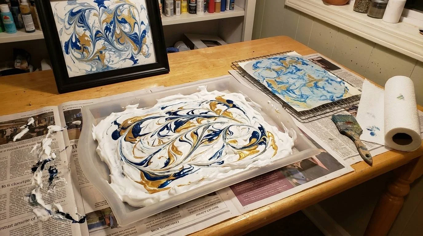 Swirled marble paper art framed and leaning against a craft table.