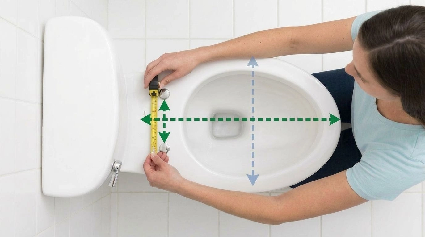 Woman measuring toilet seat bolt spread between mounting holes with tape measure