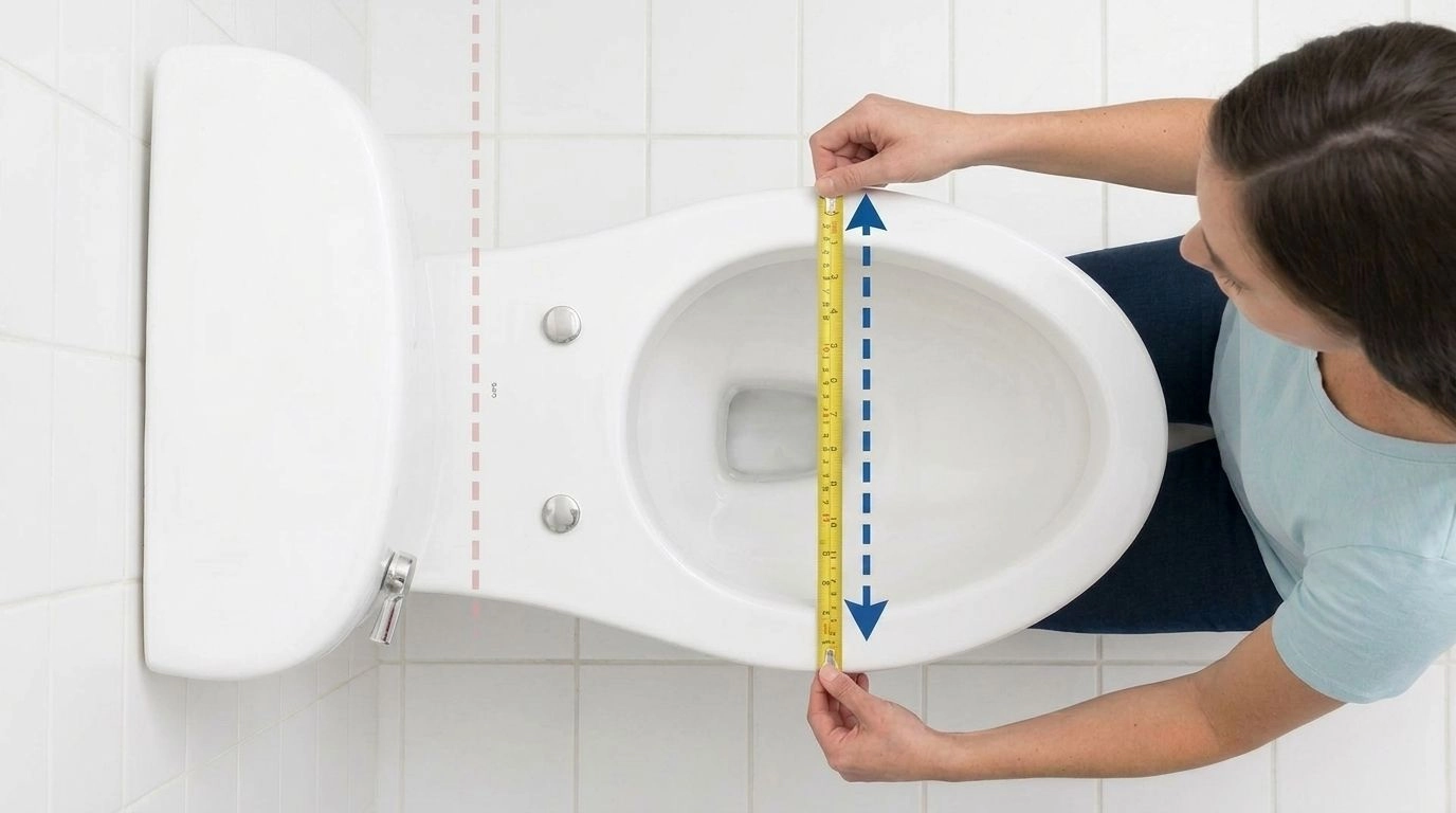 Woman measuring toilet bowl width across widest point with yellow tape measure
