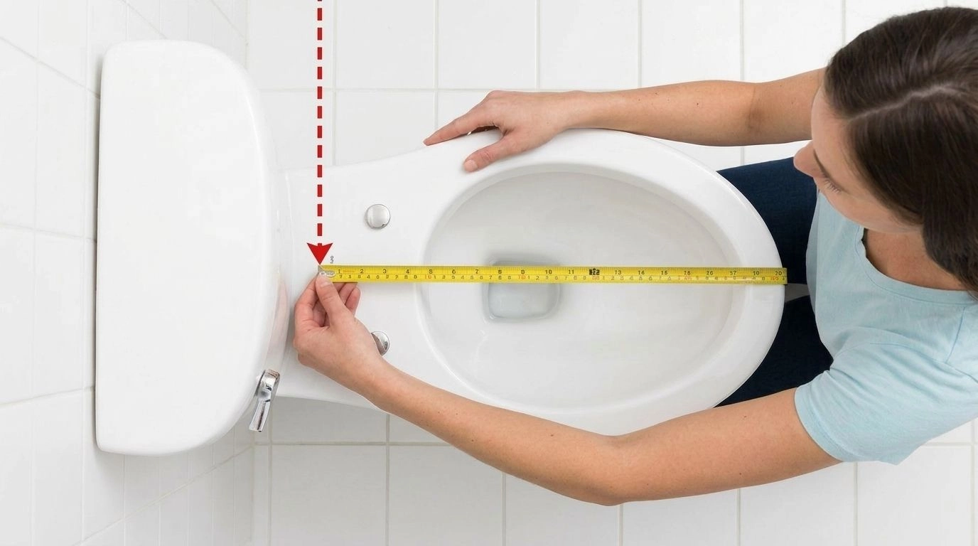 Woman measuring toilet bowl length from bolt holes to front edge with tape measure