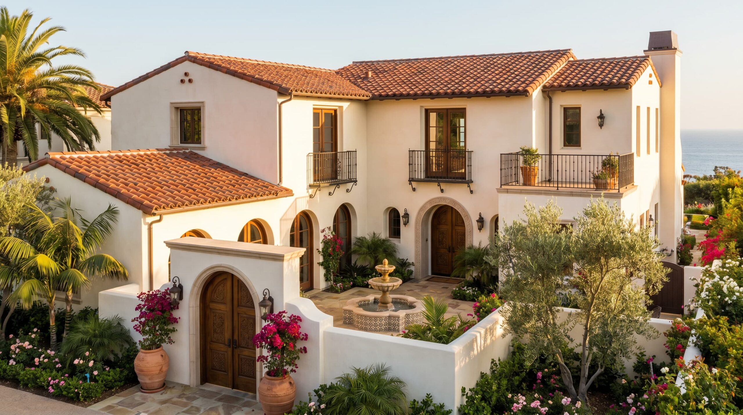 Mediterranean Spanish Revival home with stucco walls, reroof, roof, and arches