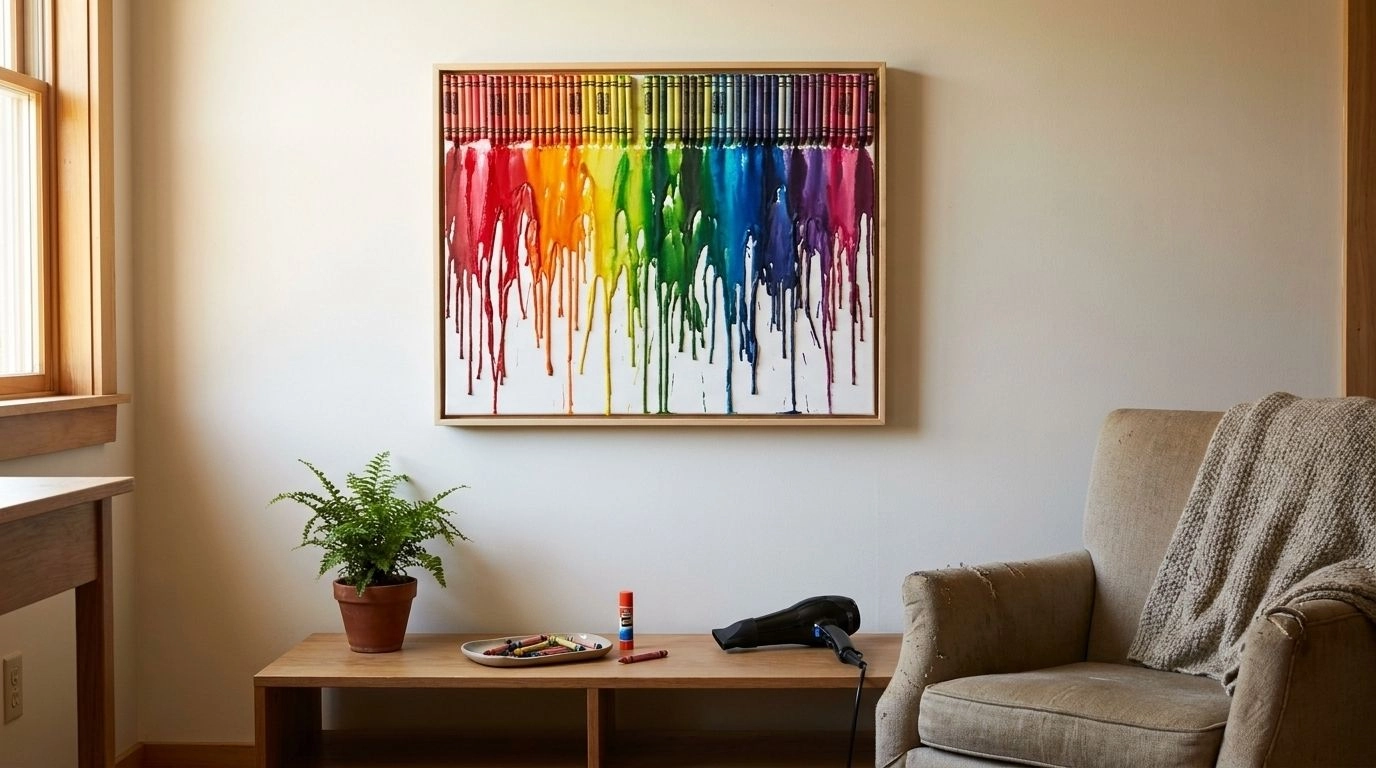 Melted crayon drip art canvas hanging on a wall above a styled console table.