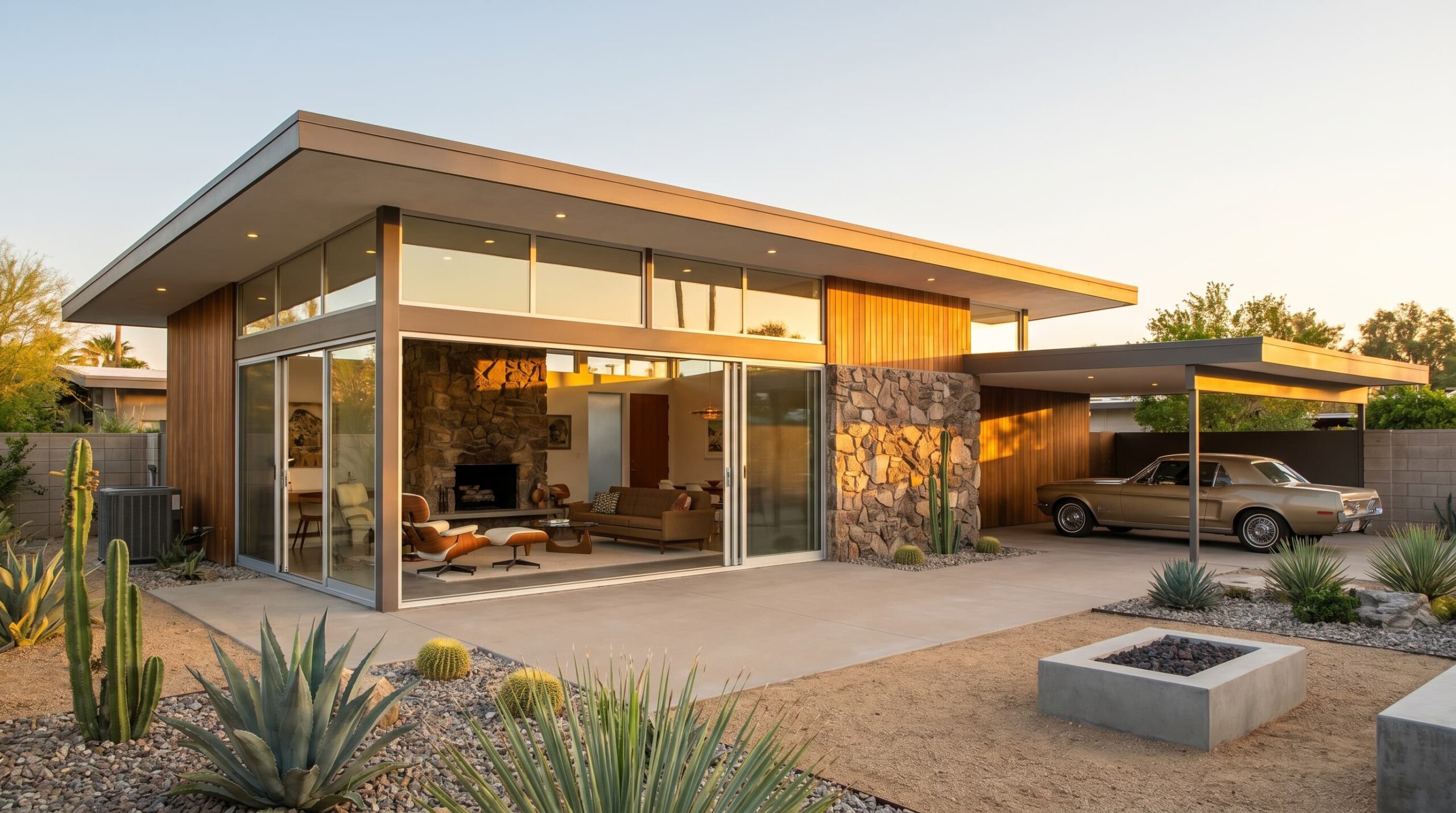 Mid-century modern home with flat roof, large glass windows, and clean lines