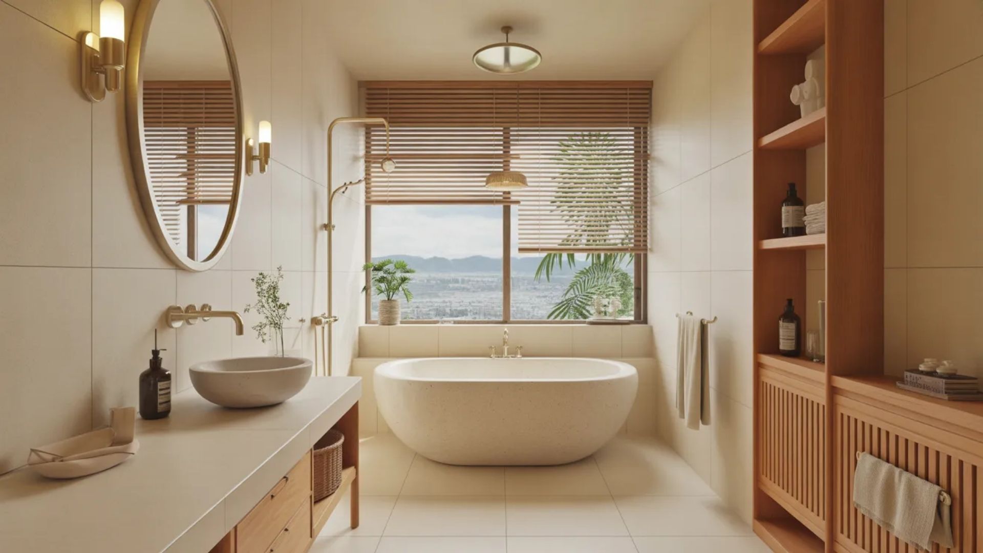 Minimalist Zen bathroom with light wood paneling, double vessel sinks, a freestanding soaking tub, and a scenic water view
