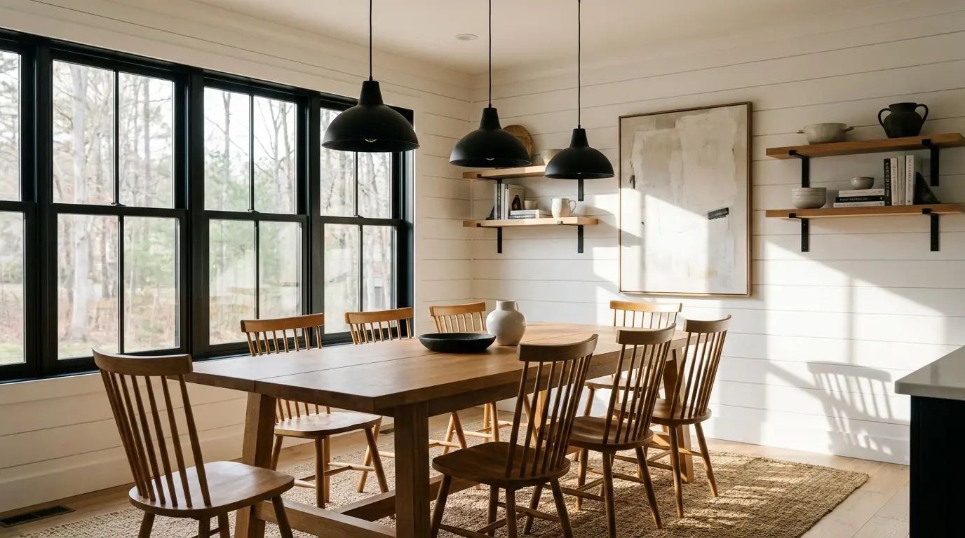 Modern farmhouse dining room with black metal pendant lights, warm wood table, shiplap walls, and black window frames.