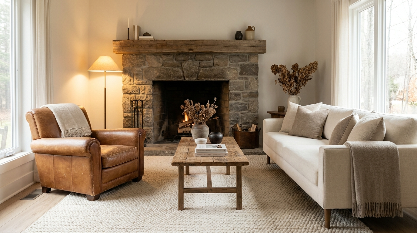 Modern rustic living room with leather chair and linen sofa