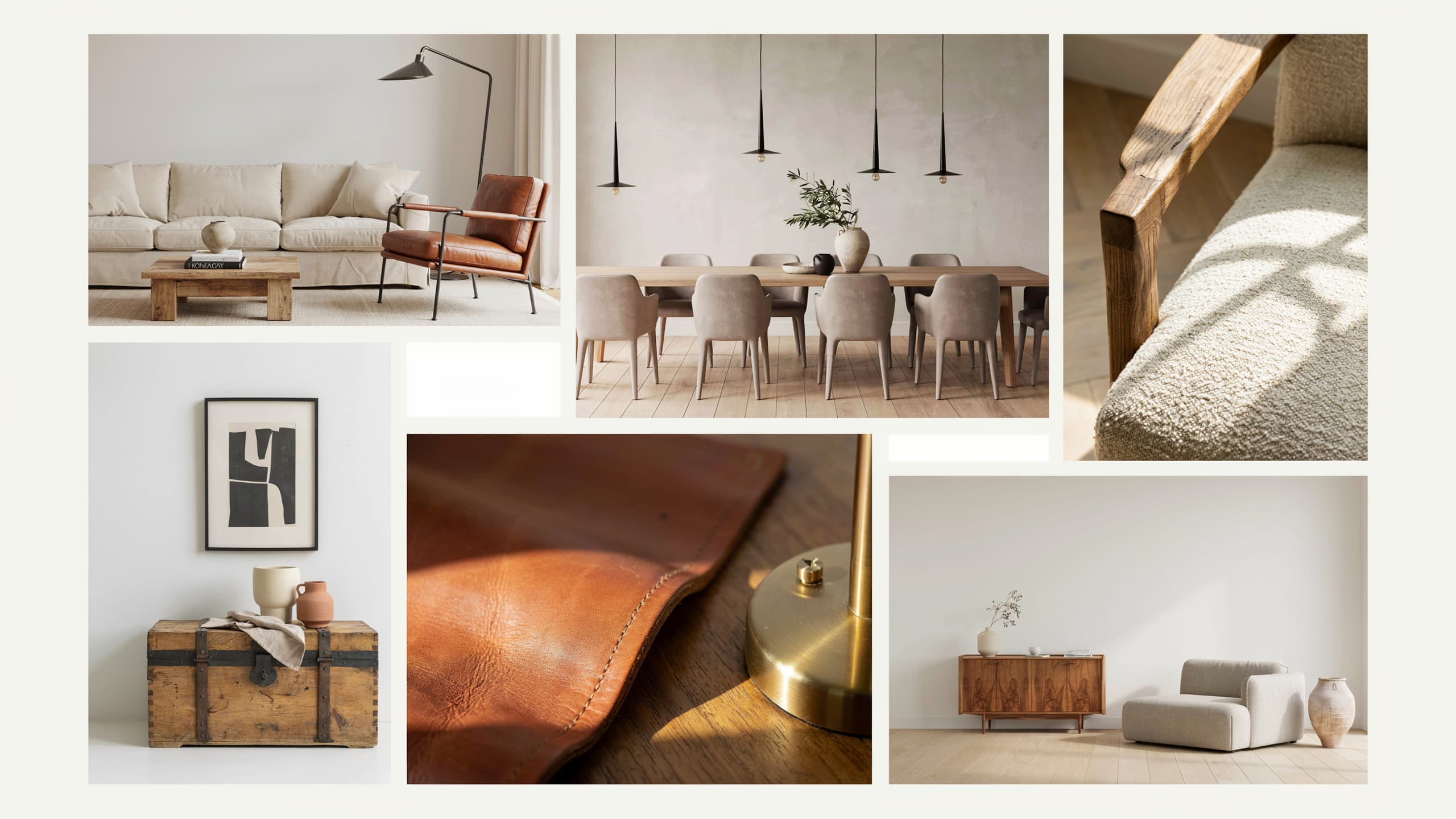 Modern rustic interior with reclaimed wood furniture, vintage leather chair, antique chest, and clean-lined contemporary pieces.