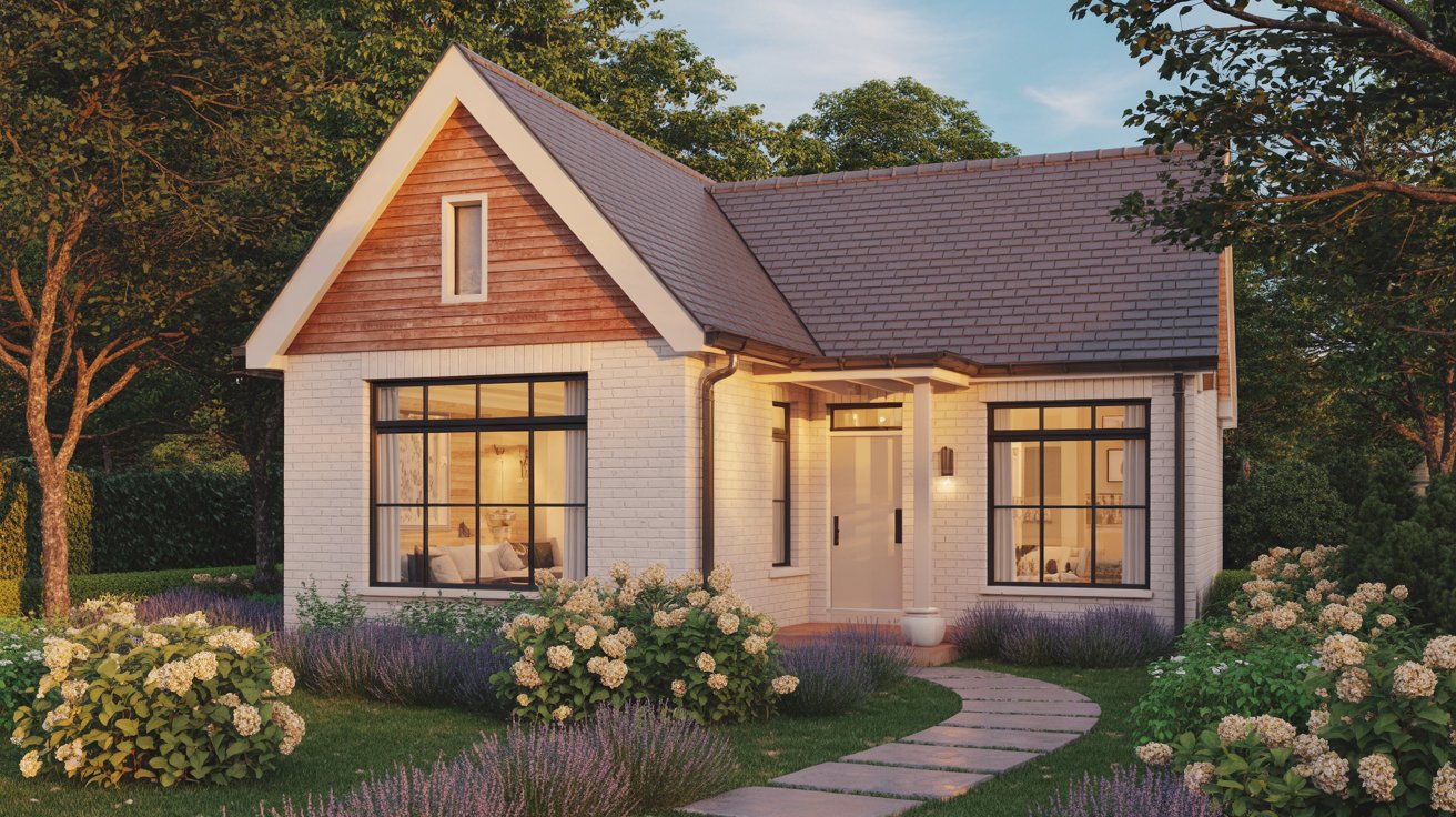 Modern cottage with simple gable roof tones, tones s and garden setting