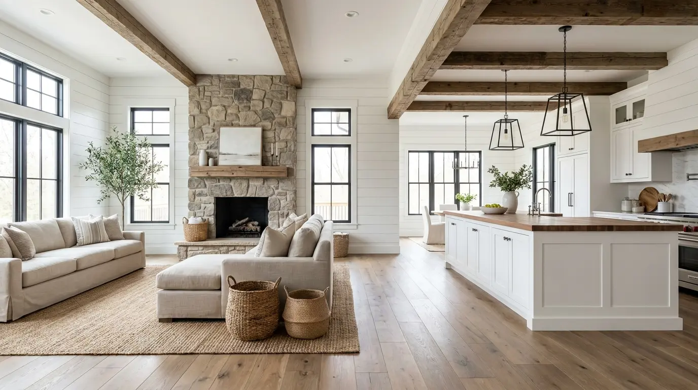Modern farmhouse interior with white shiplap walls, exposed wood beams, stone fireplace, open kitchen island, neutral furniture, and natural light.
