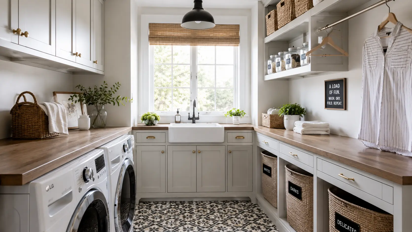 Bright modern farmhouse laundry room with white cabinets, wood counters, woven baskets, a utility sink, and patterned flooring.