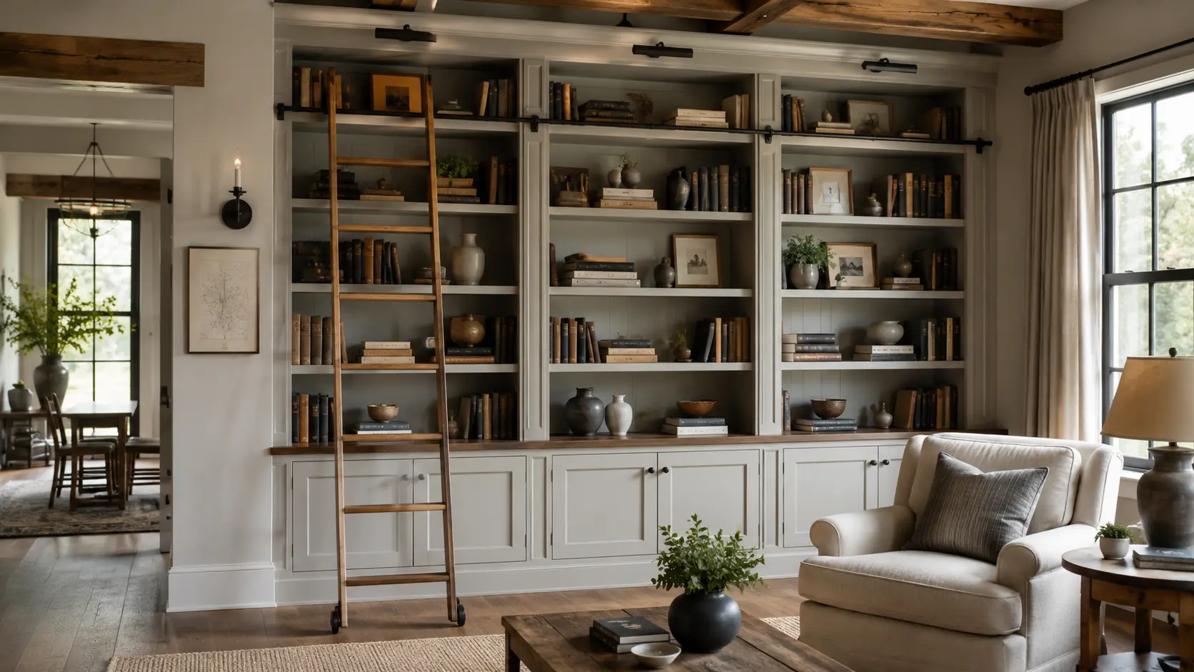 Warm farmhouse craft room with a large wooden worktable, white cabinets, pegboard storage, woven baskets, and sewing supplies.