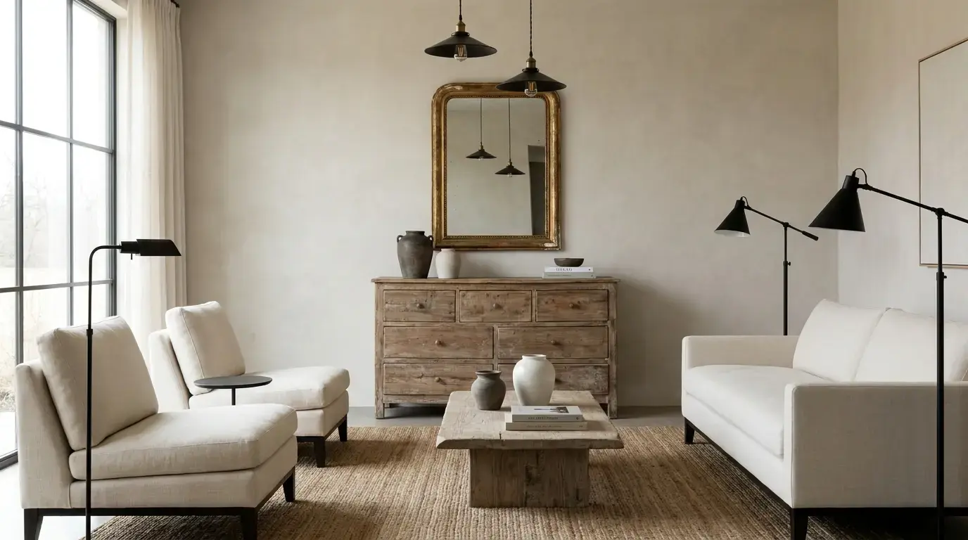 Modern farmhouse living room with antique wood dresser, gold mirror, cream seating, black lamps, and neutral decor.