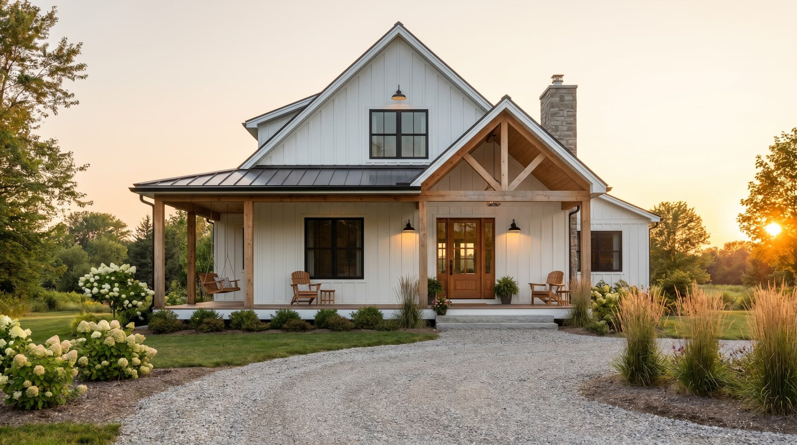 Modern Farmhouse with farmhouse design, black windows, and covered porch