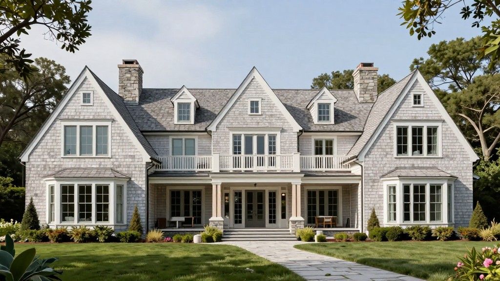 Modern shingle-style home with symmetrical facade and manicured front yard