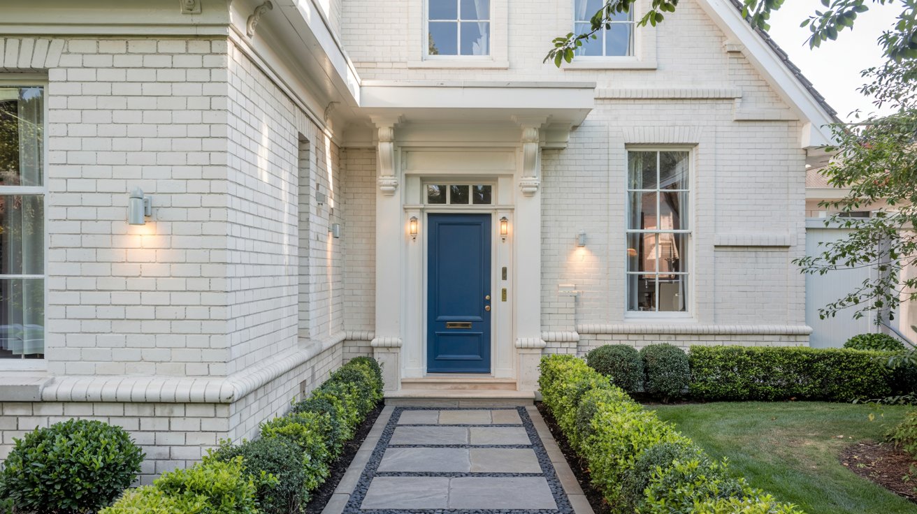 Exterior view of an all-white brick house featuring a dark blue front door and a manicured stone pathway.