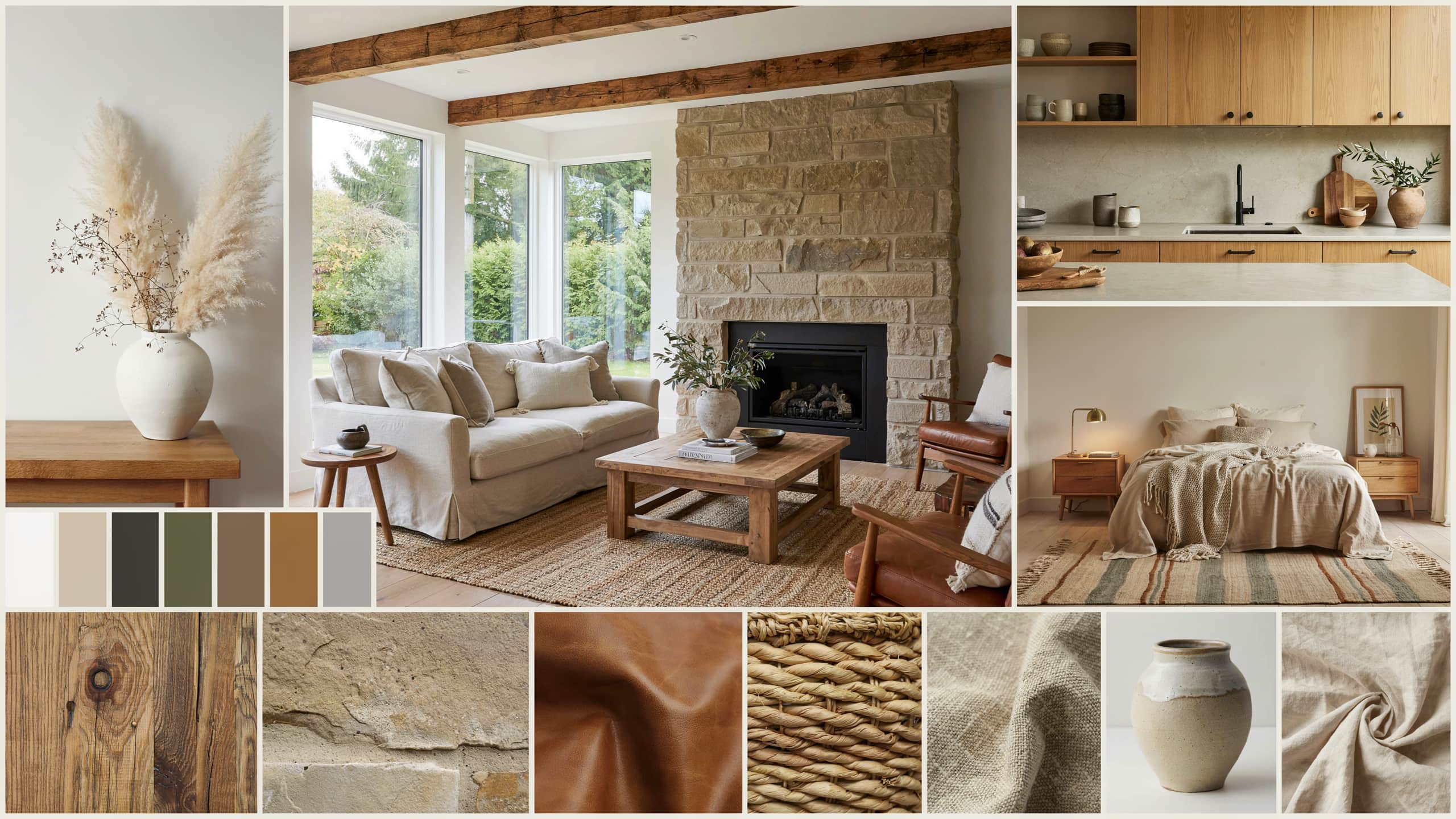 Modern rustic interior design collage featuring cozy living room, natural wood, stone fireplace, neutral colors, and textured decor.