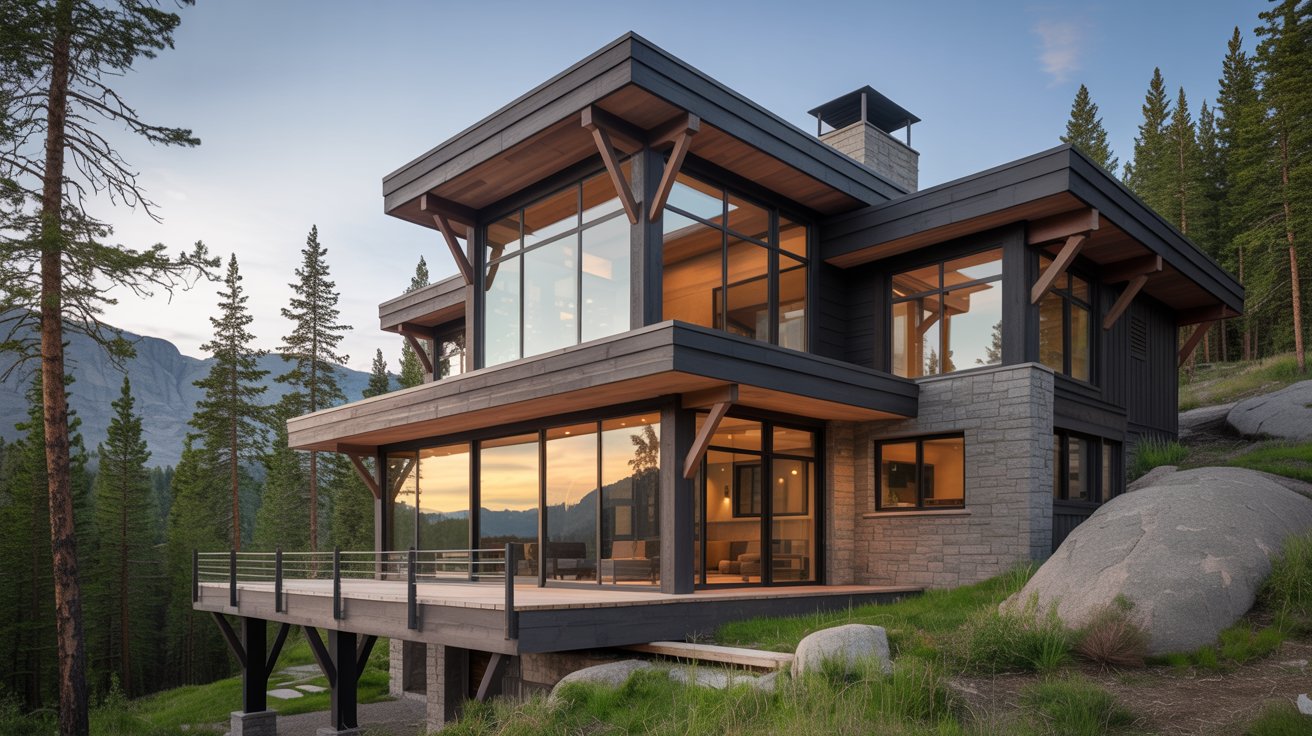 Mountain modern home with stone, glass, and scenic mountain setting
