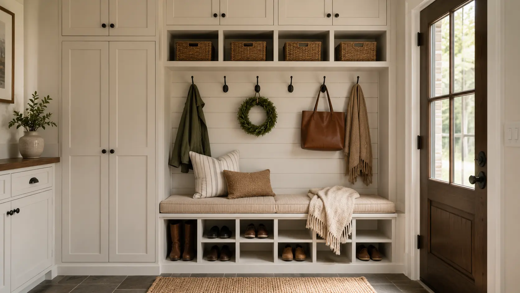 Bright modern farmhouse laundry room with white cabinets, wood counters, woven baskets, a utility sink, and patterned flooring.