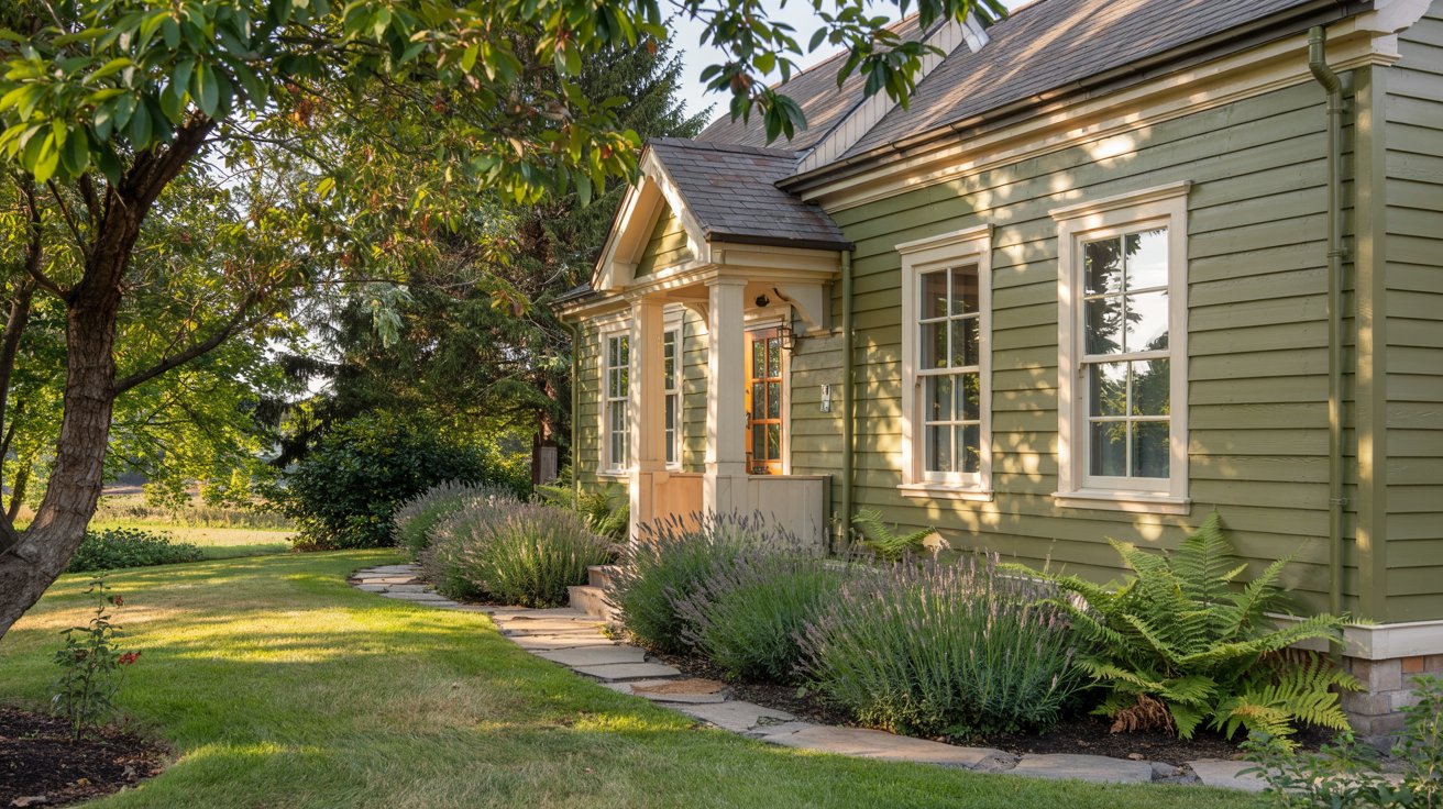Exterior view of a craftsman-style house featuring sage green lap siding, off-white window trim, and a stone walkway.
