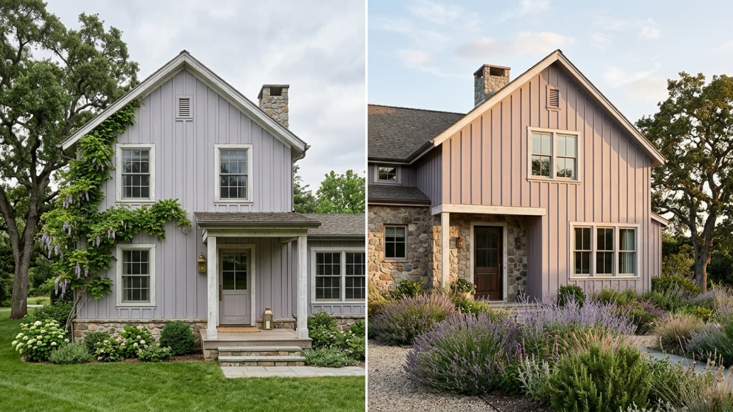 Two farmhouses dressed in soft blush-pink and dusty rose, one in crisp white-trimmed board-and-batten.