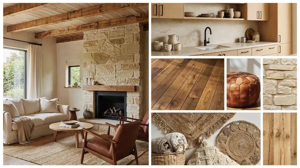 Modern rustic room featuring natural materials like wood beams, stone fireplace, leather chair, woven textures, and ceramic decor.
