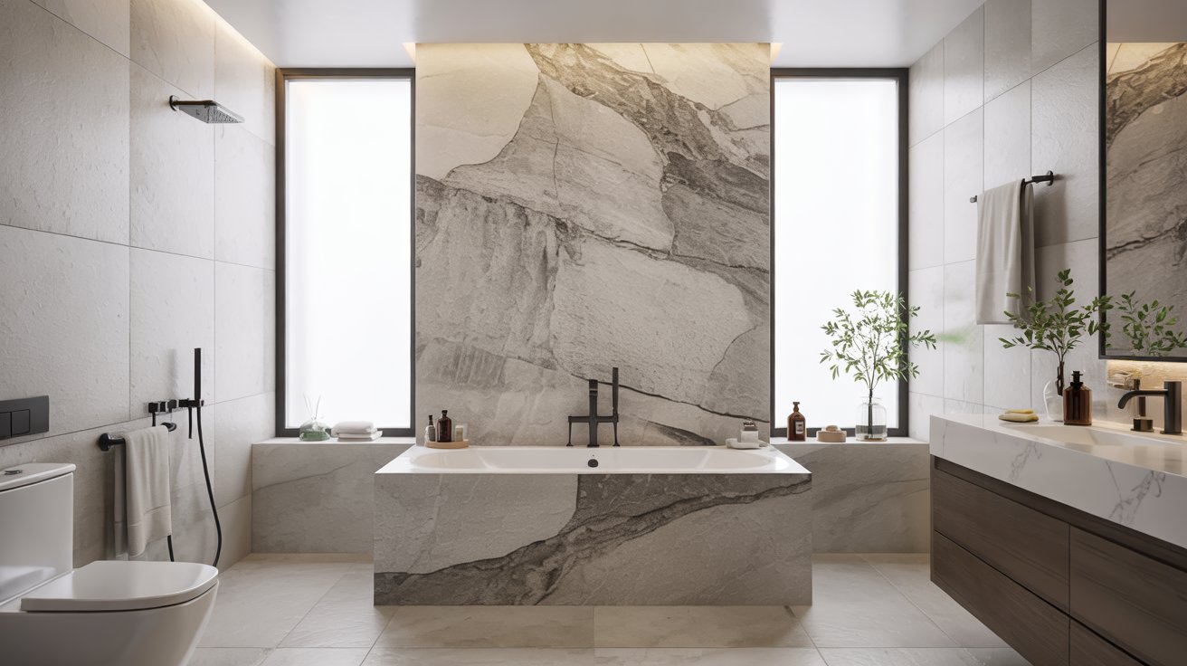 A modern luxury bathroom featuring a large natural marble slab accent wall behind a freestanding white bathtub.