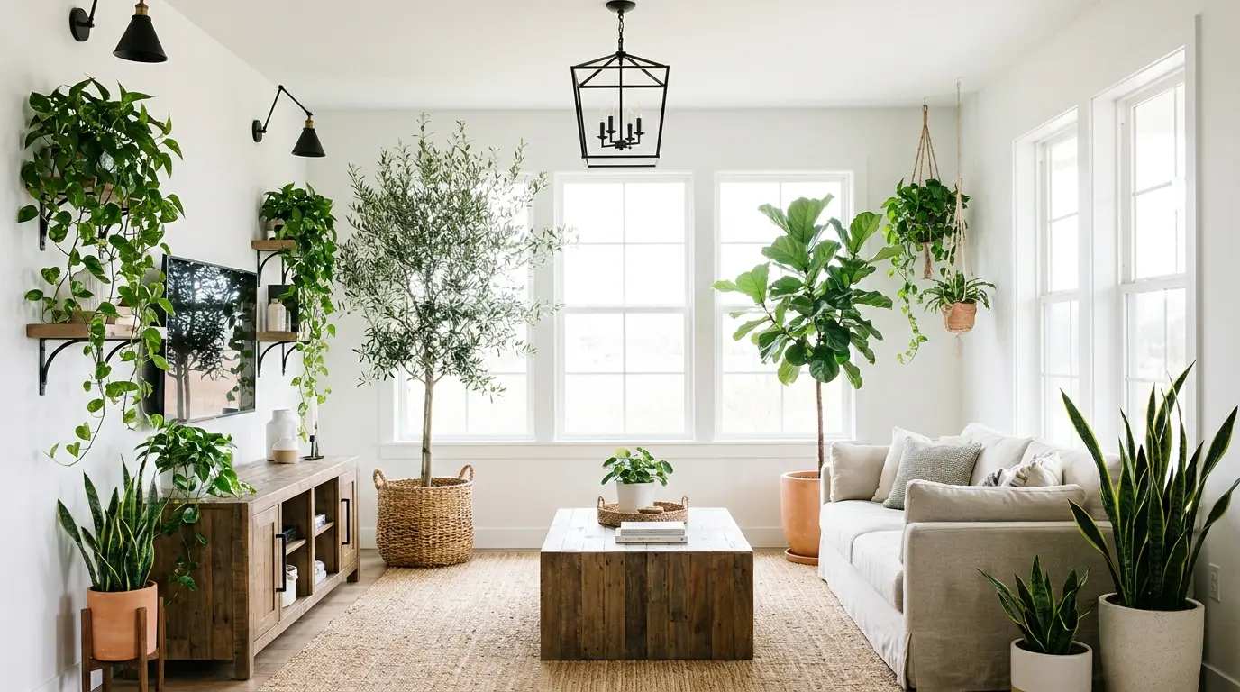 Modern farmhouse living room filled with greenery, wood furniture, woven rug, cream sofa, and black lighting.