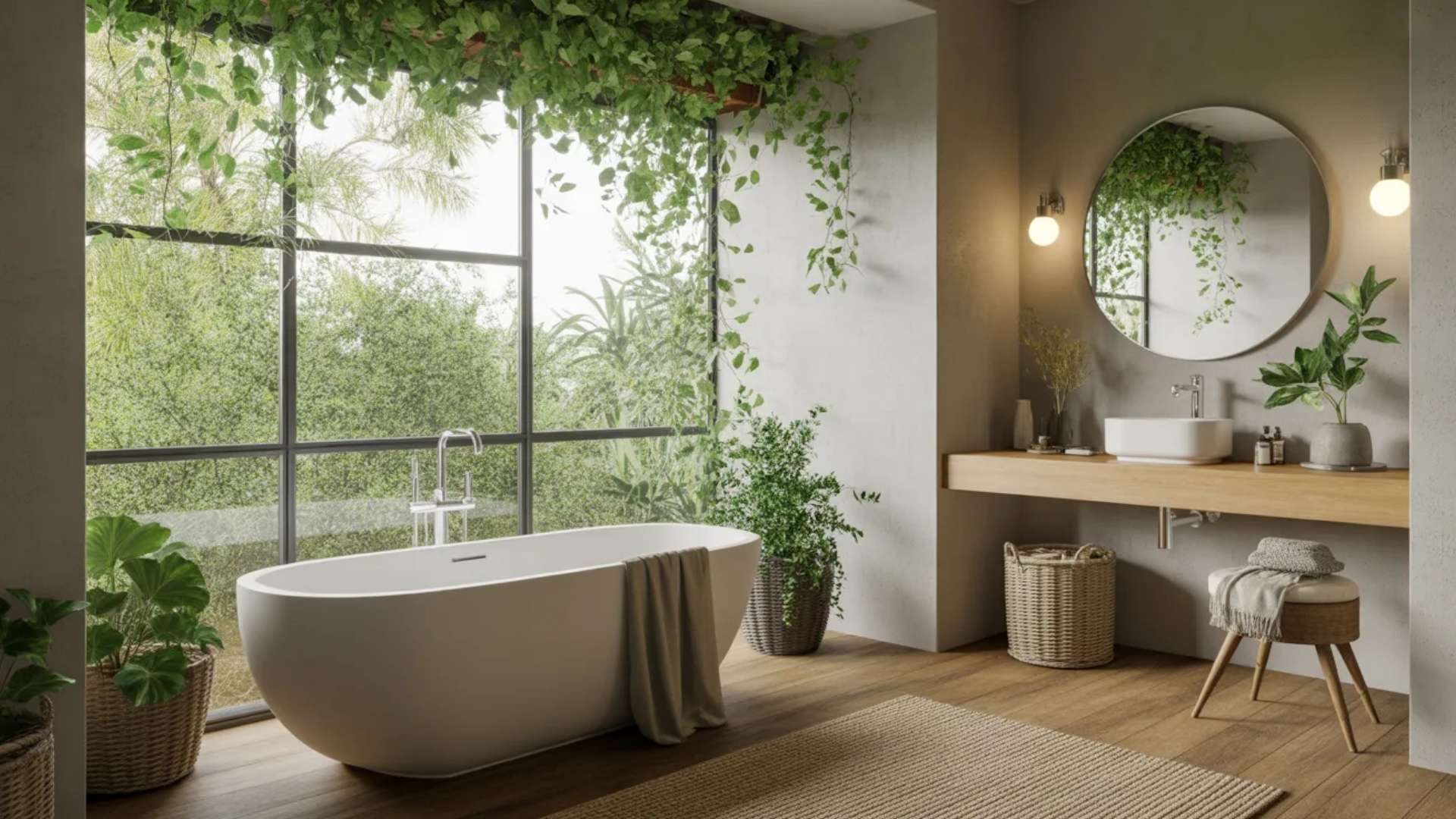 Nature-inspired bathroom featuring a freestanding white tub by a large window, a floating wood vanity, and a round mirror.
