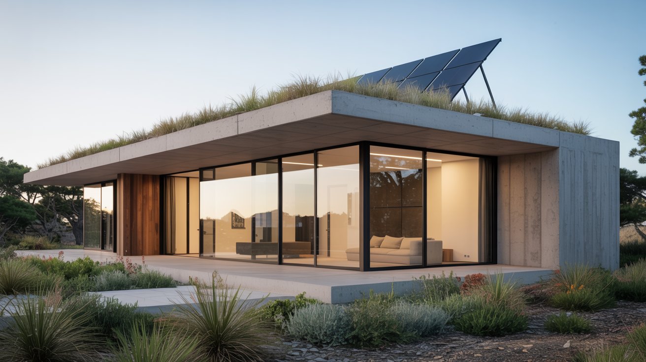 Passive House minimalist design, panels, and energy-efficient features