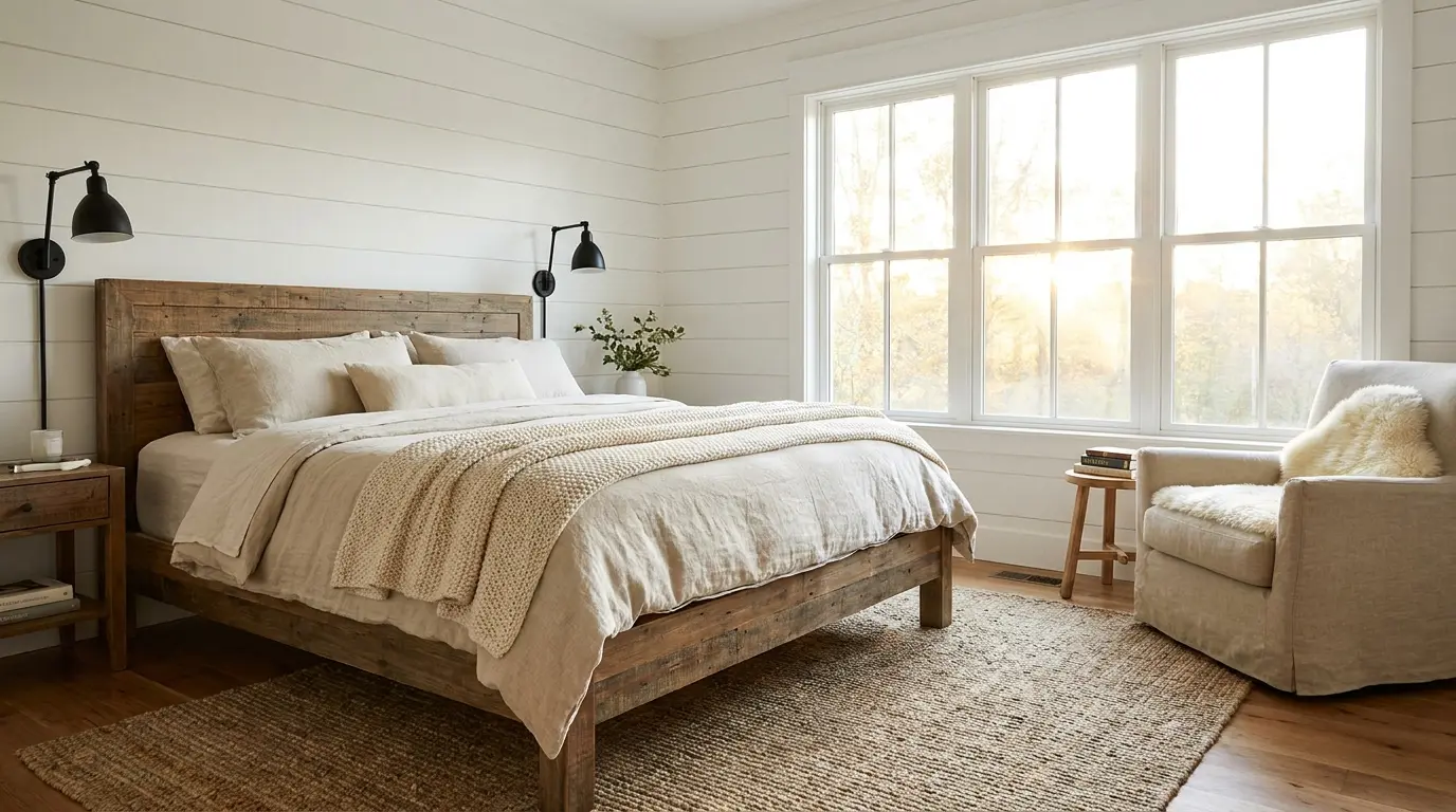 Neutral farmhouse bedroom with wood bed frame, shiplap walls, white bedding, woven rug, black sconces, and large windows.