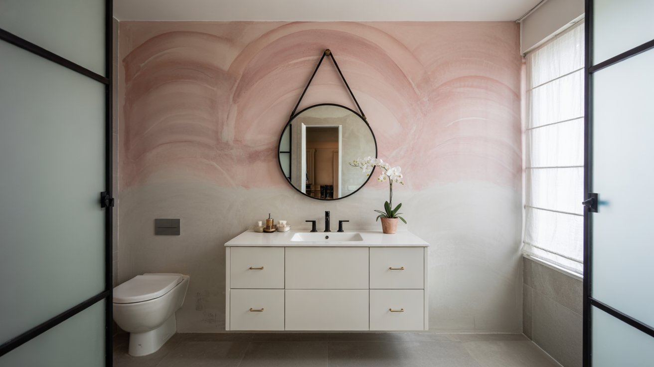 A bathroom with an ombre painted gradient accent wall in shades of pink, featuring a floating white vanity and a round mirror.