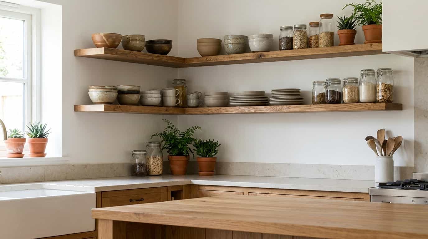 Rustic kitchen with open shelves and handmade ceramic decor